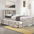 Platform Bed Frame with 3 Storage Drawers, Trundle and Bookcase Headboard