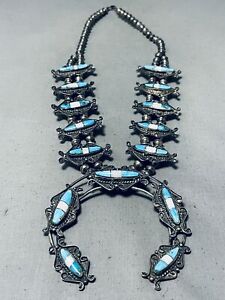 INTRICATE VINTAGE NAVAJO TURQUOISE INLAY STERLING SILVER SQUASH BLOSSOM NECKLACE