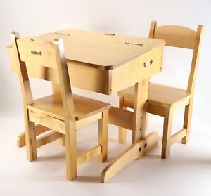 Vintage My Twinn Solid Wood Hinged Doll Accessories School Desk w/ (2) Chairs