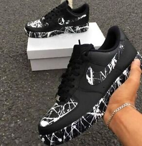 Nike Air Force 1 Custom Shoes Black Shoes White Line Splatter Sneakers All Sizes