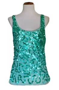 BCBG Maxazria Top Women Medium Tank Shirt Green Sequin Spring Summer Sleeveless