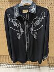 Scully XL Western Shirt Black Heavily Embroidered Pearl Snap Ponderosa
