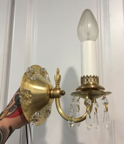 Pair (2) raw brass mid century Wall sconces with prisms Wired Pair 9B