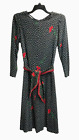 VTG NEIMAN MARCUS EVA Black polka dot red carnation midi dress & scarf Italy 18