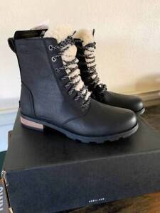 SOREL Emelie Genuine Shearling Short Lace-Up Leather Boots Black-NIB- SZ 6-10