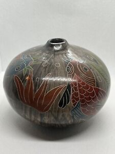 New ListingArtisian Round Pottery Vase Hand Painted Koi Art
