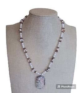 Vintage Snail Shell Beaded Picture Jasper Stone Pendant Necklace 18