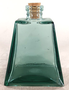 New ListingVintage Trapezium Aqua Glass Bottle with Cork Large Heavy Apothecary Decanter
