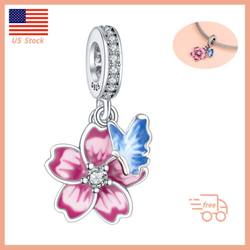 Real 925 Sterling Silver Charm for Bracelets Flower Butterfly Enamel Dangle