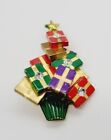Vintage Christmas Brooch Gift Tree Present Gold Tone Enamel Pin Multicolored