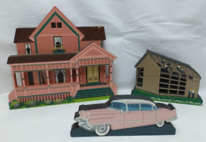 lot 3 Vtg Shelia's Collectibles House, Barn, 50's Classic Cadillac Shelf sitters