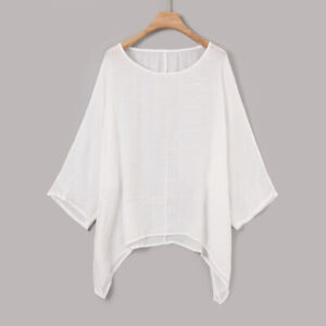 Womens Casual Plus Size Loose Cotton Linen Solid Color Tops O-Neck Shirt Blouse