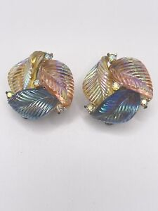 Rare Vtg Signed LISNER Molded Glass AB Crystal Accents Silver Tone Clip Earrings
