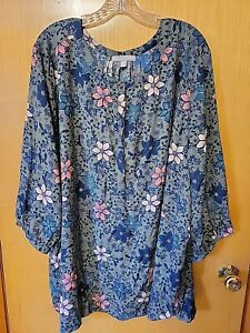 3X Woman Within 30/32   GREEN floral 3/4 Sleeve tunic
