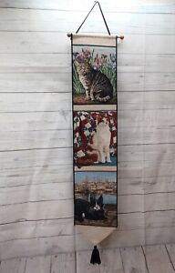 New ListingVintage Kitty Corner Bell Pull Tapestry Wall Hanging 3 Cats 40