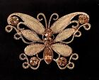 Gold Tone Brown Rhinestone Filigree Butterfly Brooch Vintage Jewelry Lot B