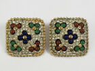 Vintage Square Gem-Craft Clip On Gold Tone Earrings Red Green Blue Rhinestone