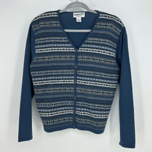 Vintage Pendleton Womens Wool Cardigan Sweater Nordic Striped Size L Petite Blue