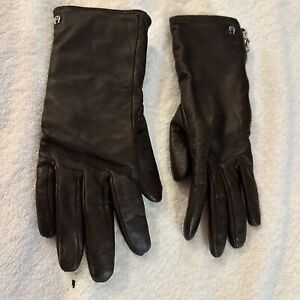 Vintage ETIENNE AIGNER Gloves Womens Lg Leather Wrist Cashmere Lined BROWN