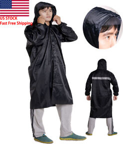 Men Black Waterproof Long Raincoat Rain Coat Hooded Trench Jacket Outdoor Hiking