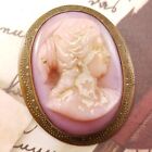 Antique Pink Glass Cameo C Clasp Brass Estate Jewelry Pin