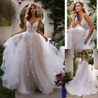 A-Line V Neck Backless Wedding Dress Spaghetti Straps Lace Applique Bridal Gowns