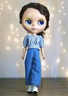 Handmade Blue White Striped Blouse Shirts & Blue Wide Pants Clothes Blythe Doll