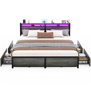 Homieasy King/Queen Size Bed Frame with 4 Storage Drawers and Charging Station