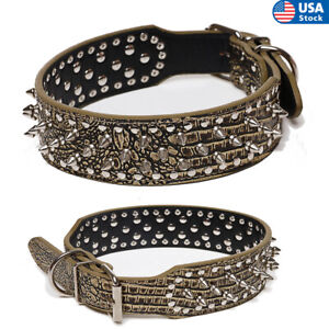 1pc Studded Spiked Metal Dog Collar Faux Leather Large Pitbull Mastiff Spike S-L