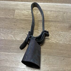 Antique Authentic Large Iron Cowbell with Thick Adjustable Leather Strap 1900’s
