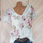 Womens Cotton Linen Floral Tops Ladies Summer Loose Blouse T Shirt Tunic Casual#
