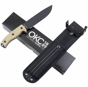 Ontario RAT 7 Fixed Blade Knife Tan Canvas Micarta Handle Full Tang Sheath 8668