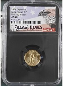 2021 $5 GOLD EAGLE NGC MS70 TYPE 2 FIRST DAY OF ISSUE FDI JENNIE NORRIS SIGNED