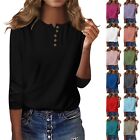 Women's Casual 3/4 Sleeve T-Shirts Button Crew Neck Tunic Tops Basic Tees Blouse