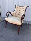Antique French Victorian Carved Wood Parlor Open Arm Chair Cherub Floral Fabric