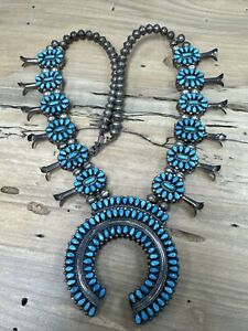 Old Indian Pawn 925 Turquoise & Coral Reversible Squash Blossom Necklace Ip180