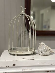 Small Rustic Metal Bird Cage Bird Finial Cream Color Latch Opening Decorative