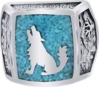 Men's Southwest Simulated Turquoise Zircon Inlaid How Call Wolf Silver Ring Size