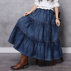 Womens Elastic Waist Denim Long Tiered Skirt Fashion Blue Jeans Maxi Dress