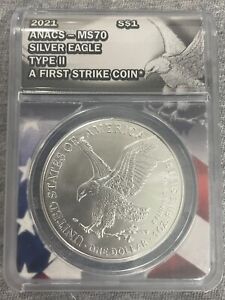 2021 ANACS MS70 Type 2 Silver Eagle Dollar, First Strike, 1oz .999 Silver Coin