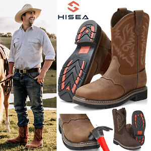 HISEA Men Steel Toe Work Boots Wide-Square Toe Genuine Leather Cowboy Botas Farm