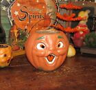 Prim Antique Vtg Paper Mache Style Halloween Jack-O-Lantern Org. Pumpkin Bucket