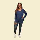 TAMSY Navy Blue Solid Pattern Casual Long Sleeves V Neck Top-3X Birthday Gift