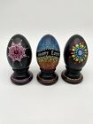 Lot 3 Wooden Easter Eggs Hand Painted Aboriginal Style Dotted Folk Art
