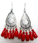 VINTAGE STUNNING STERLING SILVER RED CORAL DANGLE PIERCED EARRINGS