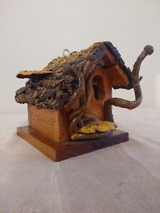 Rustic Handmade Birdhouse Natural Bark Roof Grapevine Shelf Mushroom
