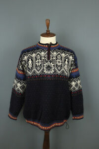 DALE OF NORWAY NORGE 2000 Black 1/4 Zip Snowflake Fair Isle Wool Knit Sweater