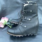 SOREL Joan Of Arctic Black Leather Wedge Boots Woman’s Size 9.5