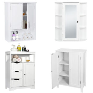 Bathroom Floor Cabinet Storage Organizer Shelf Standing Cupboard Multiple White