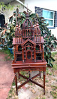 Beautiful Large Rare Antique Cathedral Hand Crafted Wood Bird House Cage & Stand